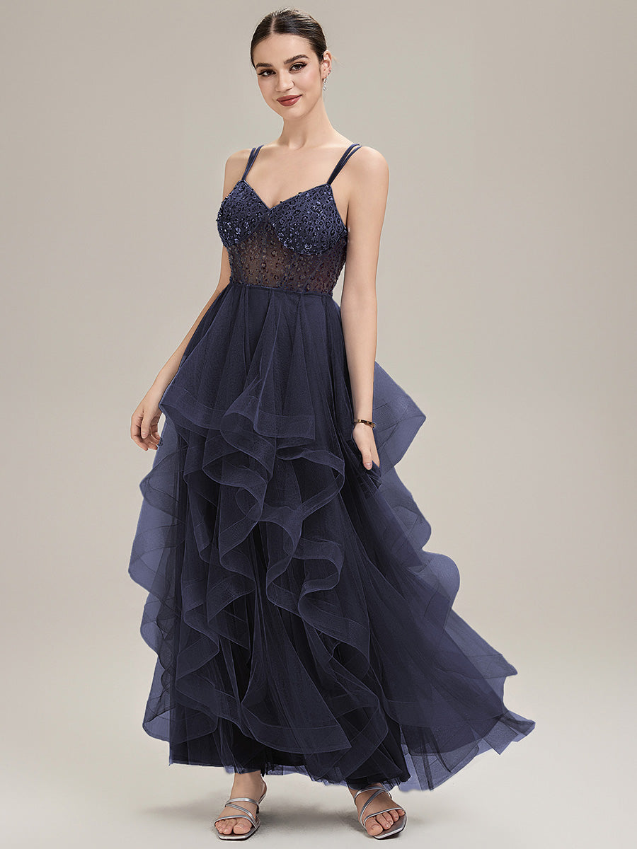 Designer Embellished Ruffled Tulle Evening Gown