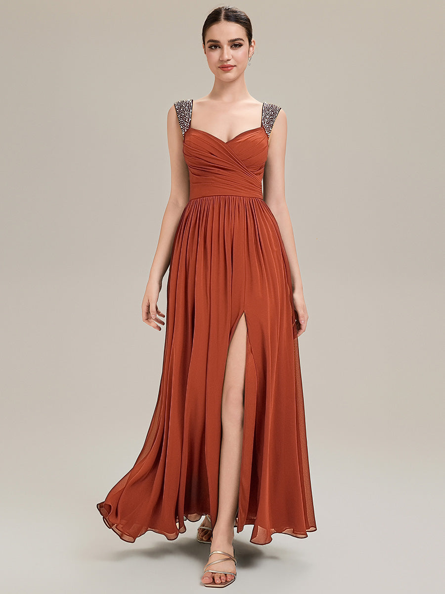 Designer Ruched Chiffon Slit Evening Dress