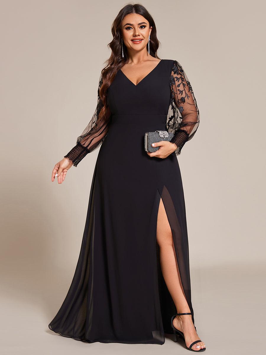ever RYLEE|Plus Size Thigh Split Chiffon Evening Dress With Sheer Embroidered Long Sleeves